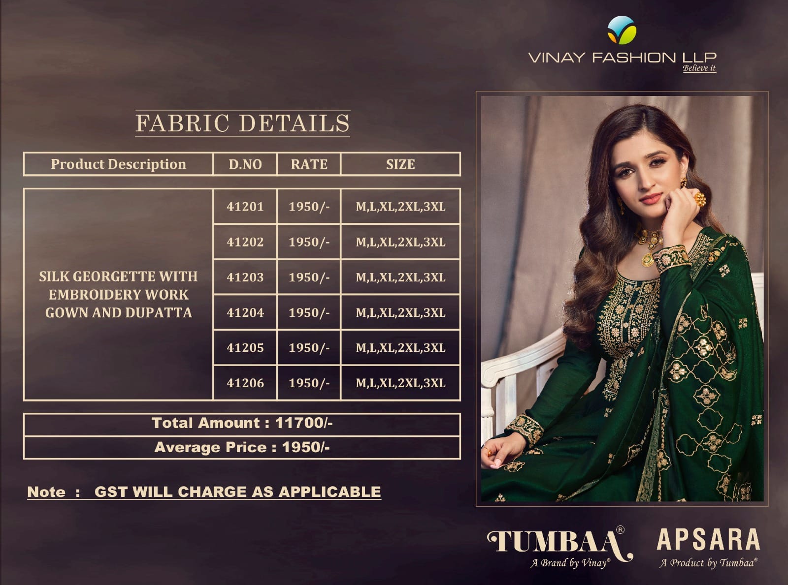 vinay fashion tumbaa apsara silk festive look gown with dupatta catalog