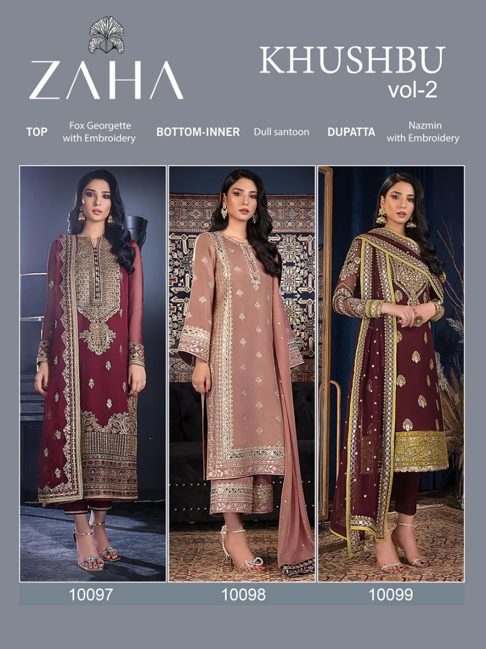 zaha khushbu vol 2 d no 10097 10098 10099 georgette regal look salwar suit catalog