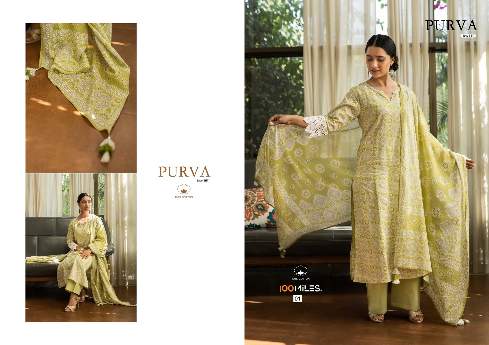 100 miles purva cotton exclusive look top bottom with dupatta catalog