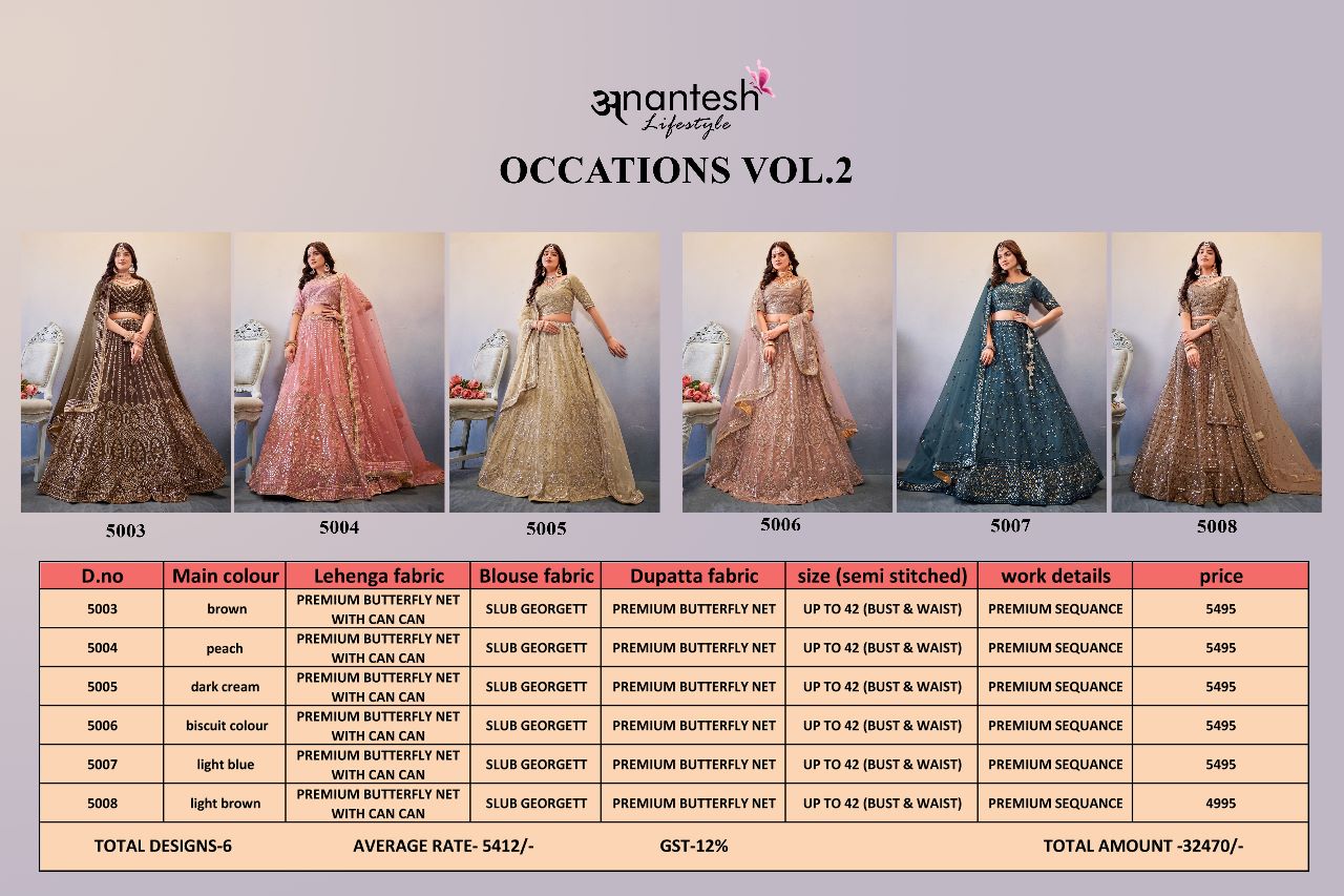 anantesh lifestyle occasions vol 2 serices 5003 to 5008 butterfly net elegant lehenga calatog