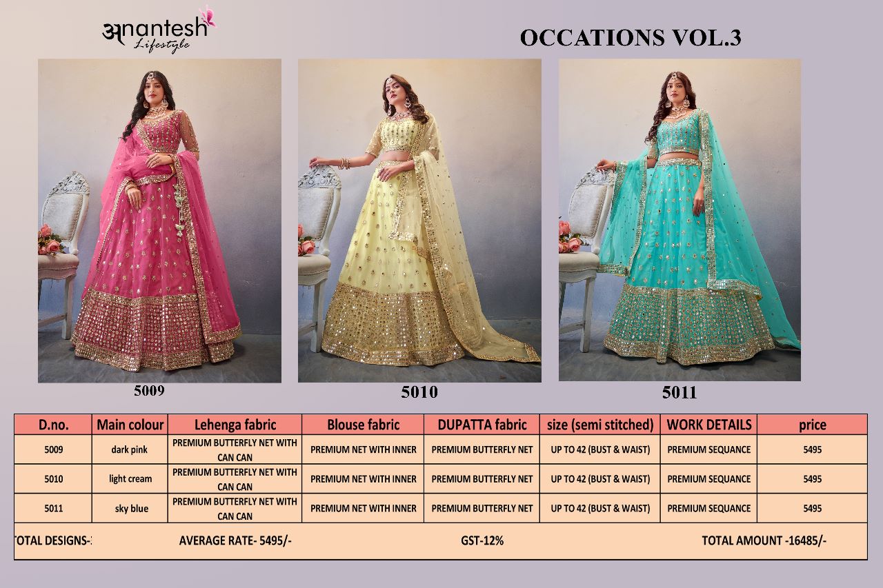 anantesh lifestyle occasions vol 3 serices 5009 to 5011 butterfly net elegant look lehenga calatog