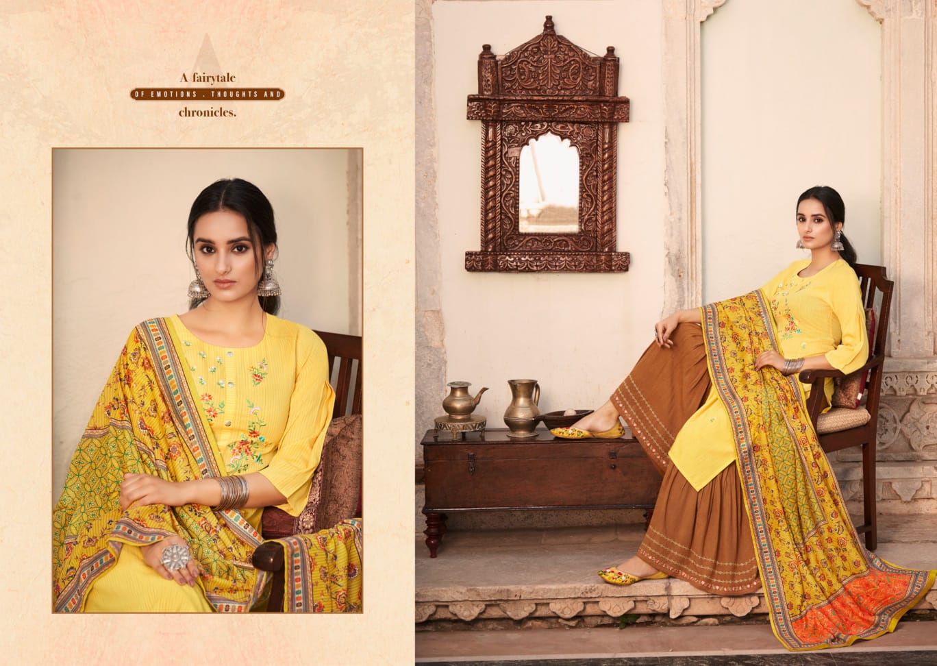 kalaroop by kajree glorious  fancy decent embroidery look  top pant with dupatta catalog