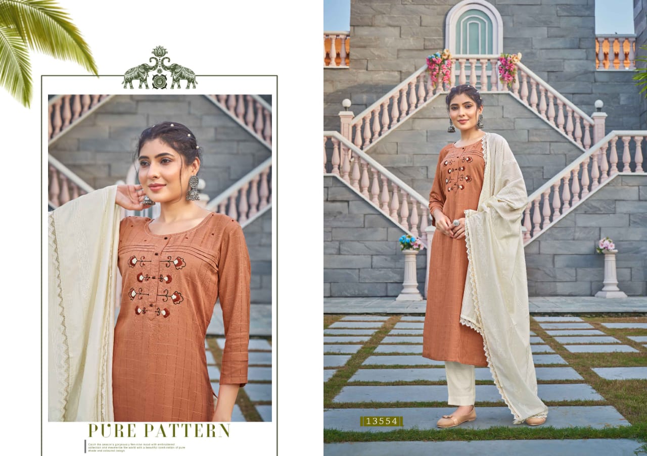 kalaroop by kajree gloster cotton decent look kurti pant with dupatta catalog