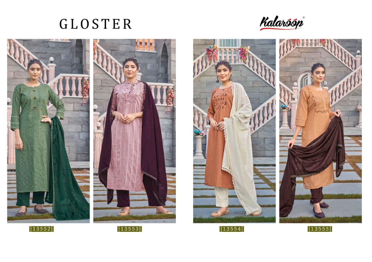 kalaroop by kajree gloster cotton decent look kurti pant with dupatta catalog