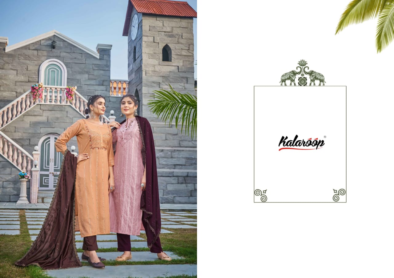 kalaroop by kajree gloster cotton decent look kurti pant with dupatta catalog