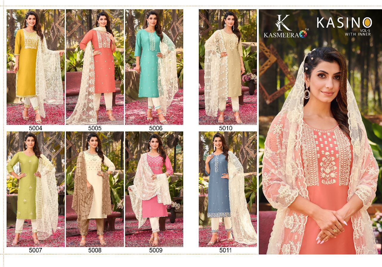 kasmeera  kasino vol 5 viscose gorgeous look top bottom with dupatta catalog