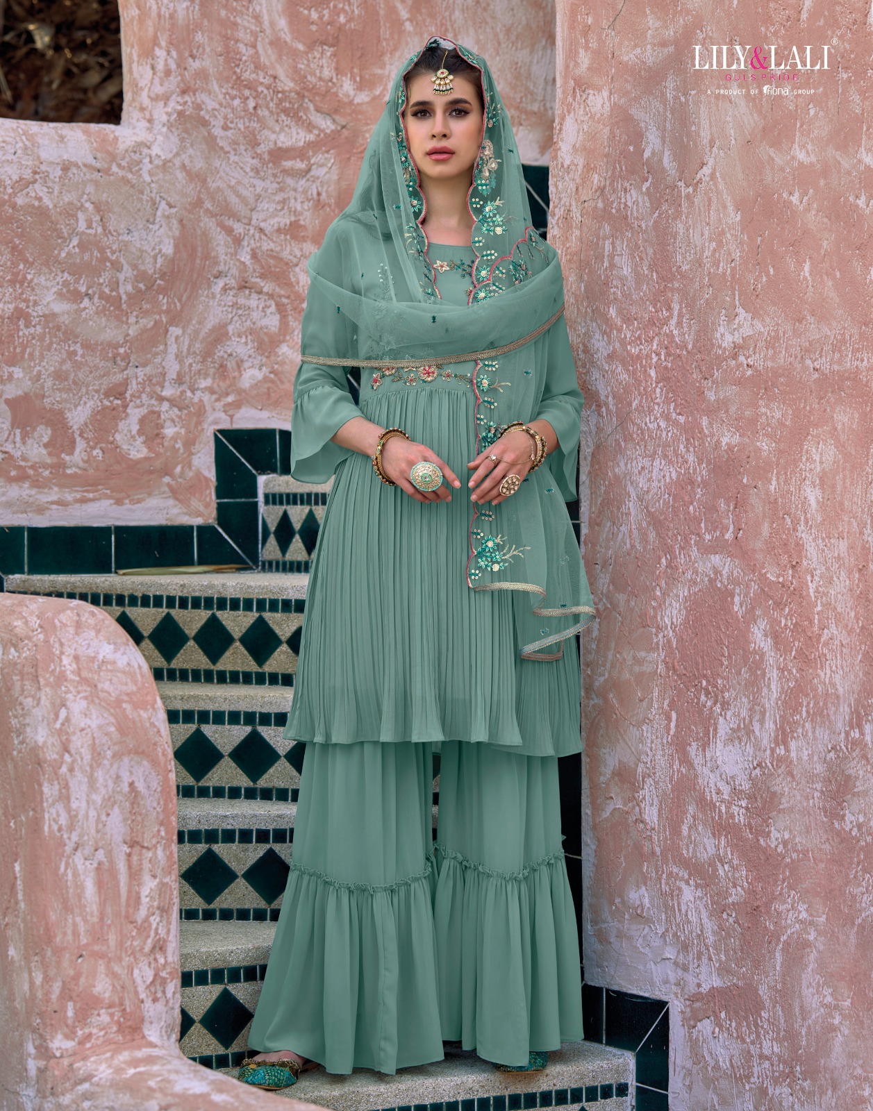 lily and lali mehrama georgette gorgeous look top bottom with dupatta catalog