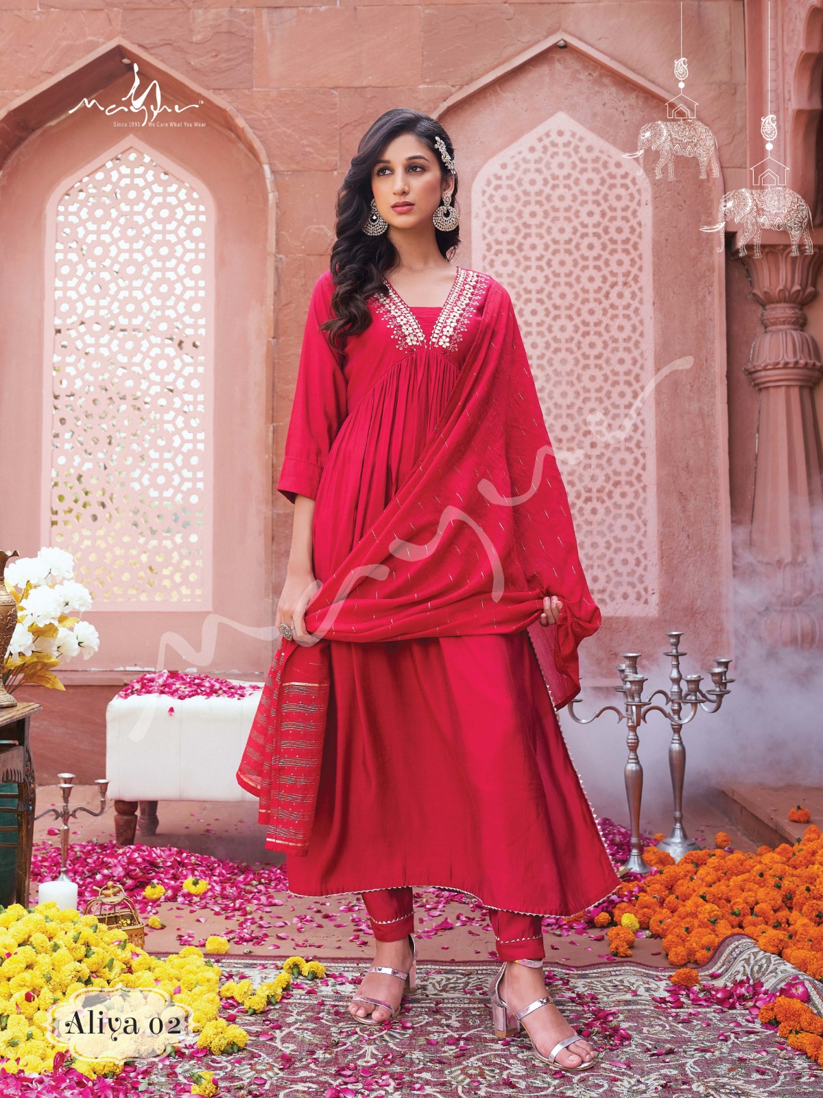 mayur aliya viscose silk gorgeous look top pant with dupatta catalog