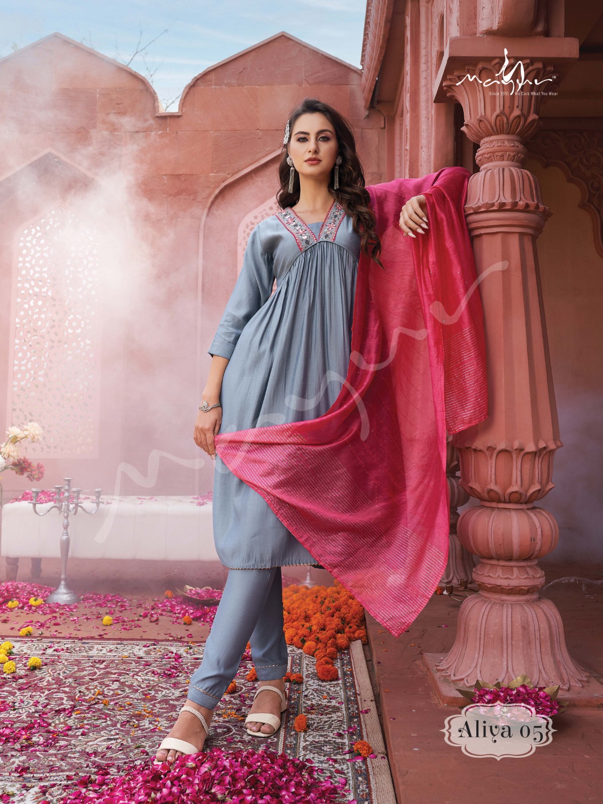 mayur aliya viscose silk gorgeous look top pant with dupatta catalog