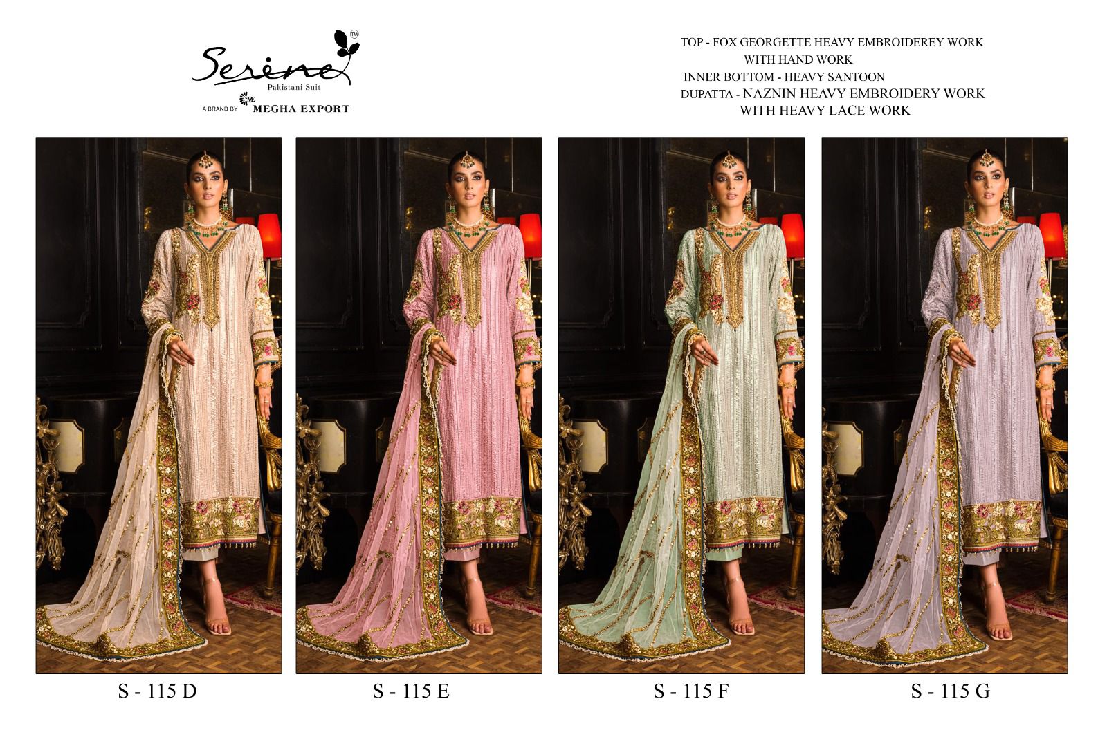 serine Megha Exports serine s 115 d to g georgette Elegant look salwar suit catalog