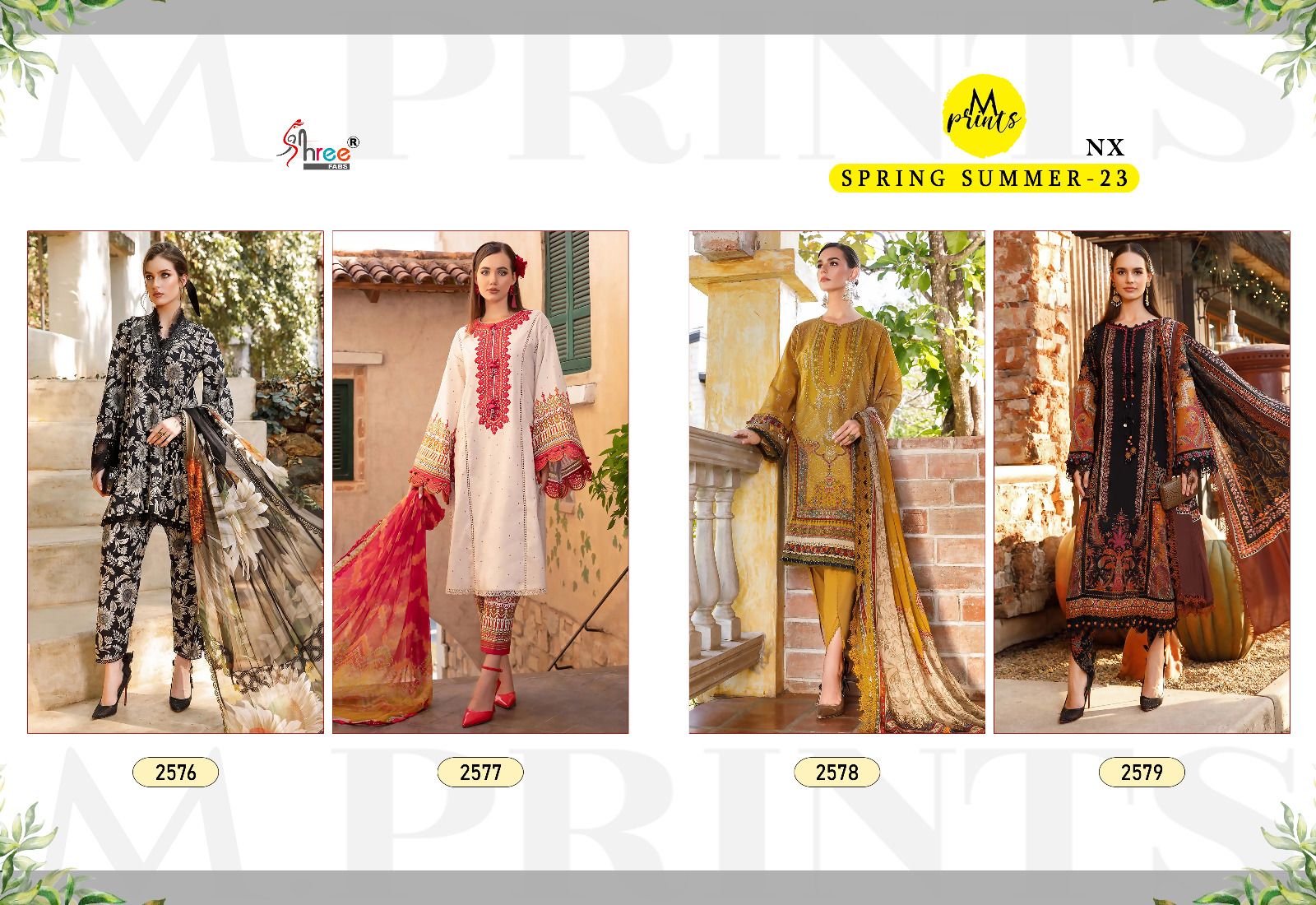 shree fabs m print spring summer 2023 vol 1 cotton decent look salwar suit with chiffon dupatta catalog