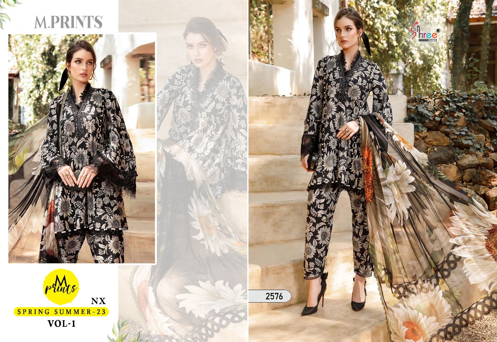 shree fabs m print spring summer 2023 vol 1 cotton decent look salwar suit with chiffon dupatta catalog