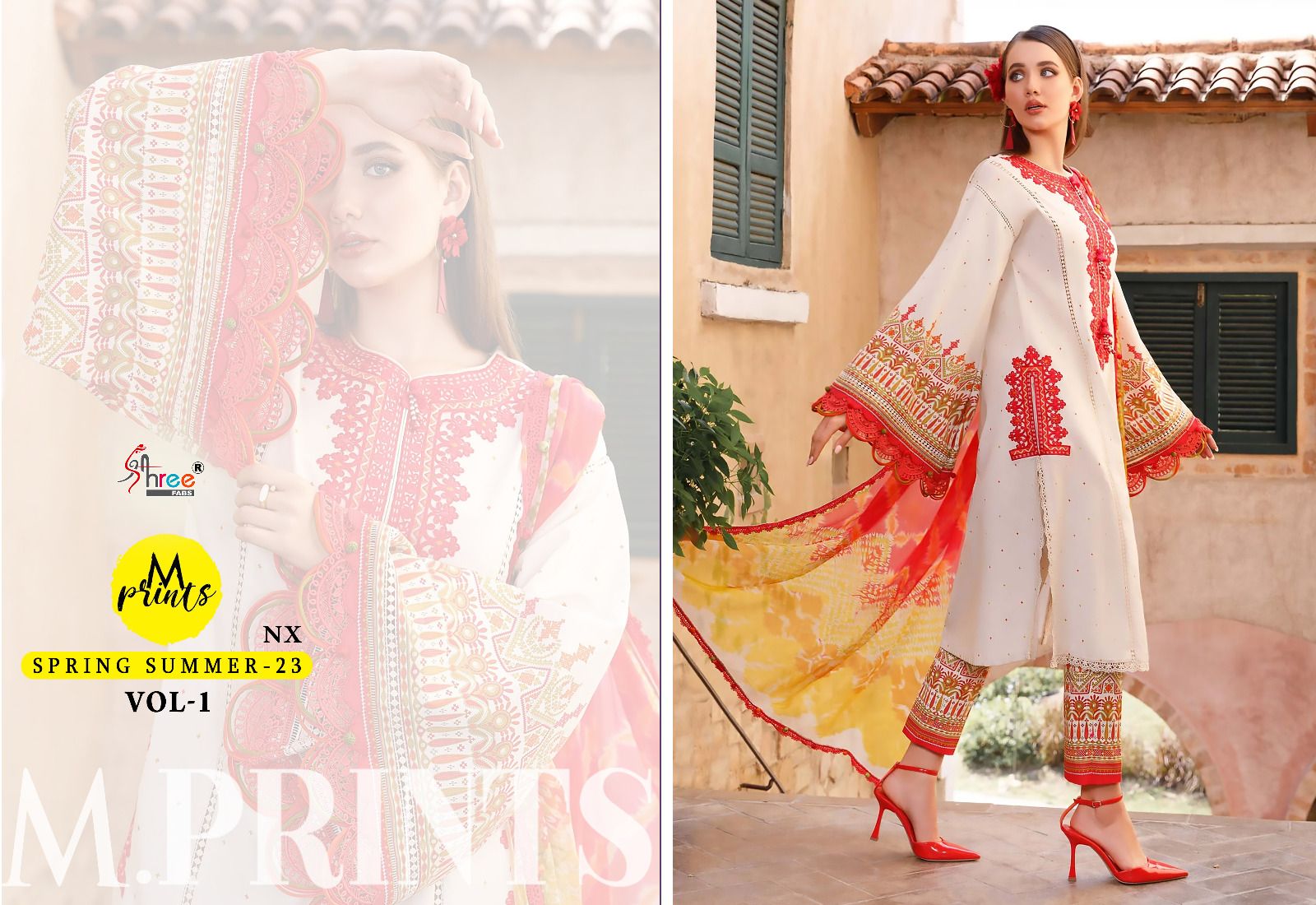 shree fabs m print spring summer 2023 vol 1 cotton decent look salwar suit with chiffon dupatta catalog