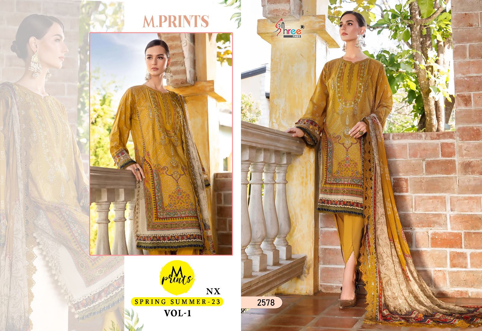 shree fabs m print spring summer 2023 vol 1 cotton decent look salwar suit with chiffon dupatta catalog