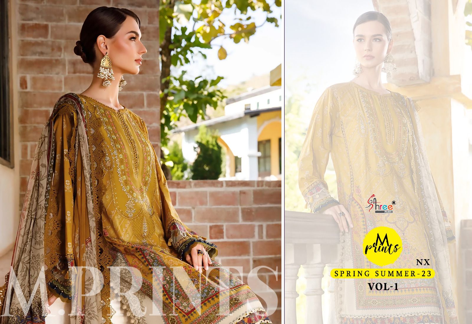 shree fabs m print spring summer 2023 vol 1 cotton decent look salwar suit with chiffon dupatta catalog