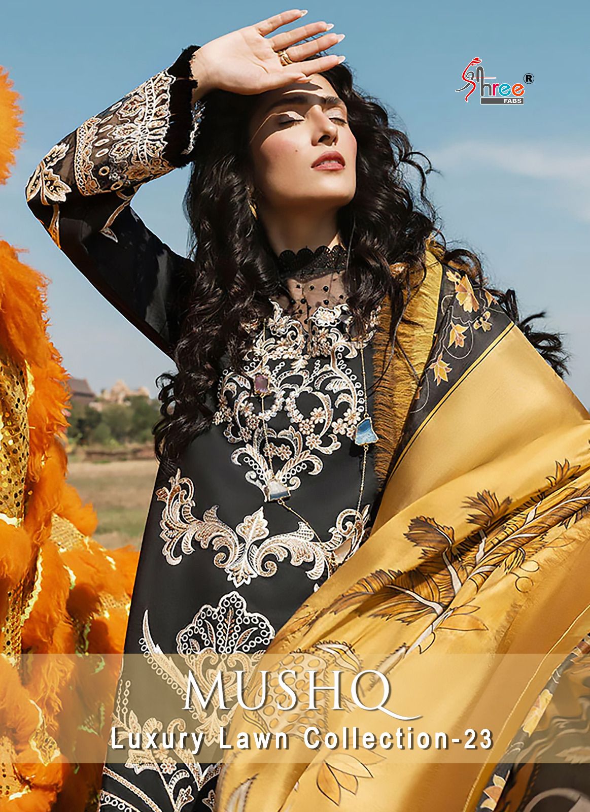 shree fabs mushq luxury lawn collection 2023 cotton decent look salwar suit with chiffon dupatta catalog