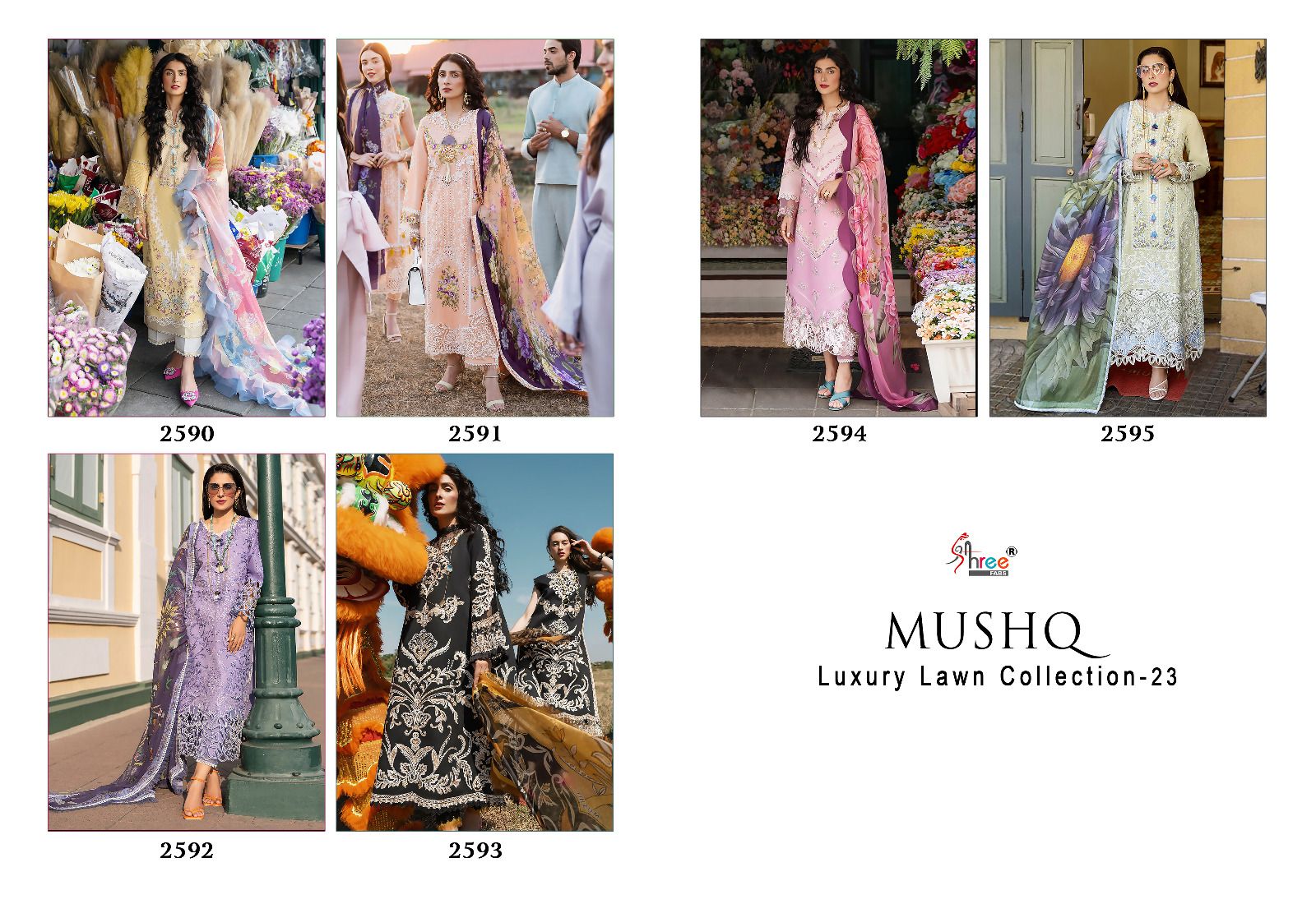 shree fabs mushq luxury lawn collection 2023 cotton decent look salwar suit with chiffon dupatta catalog