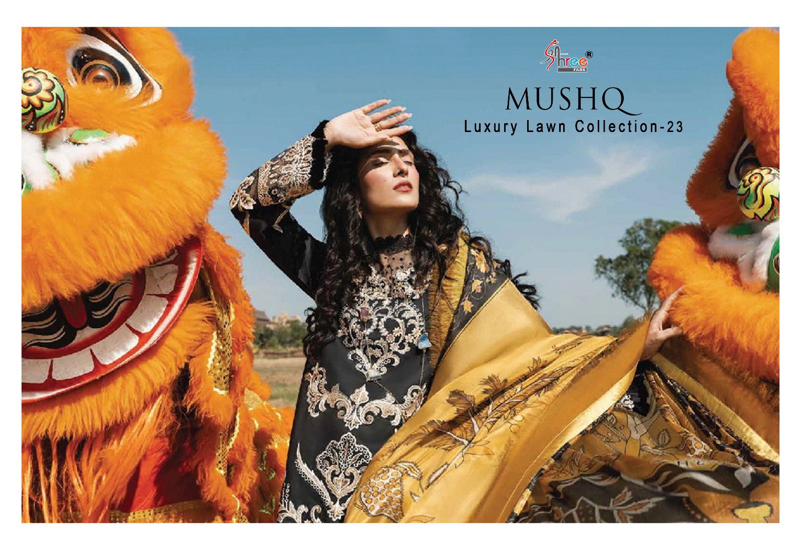 shree fabs mushq luxury lawn collection 2023 cotton decent look salwar suit with chiffon dupatta catalog