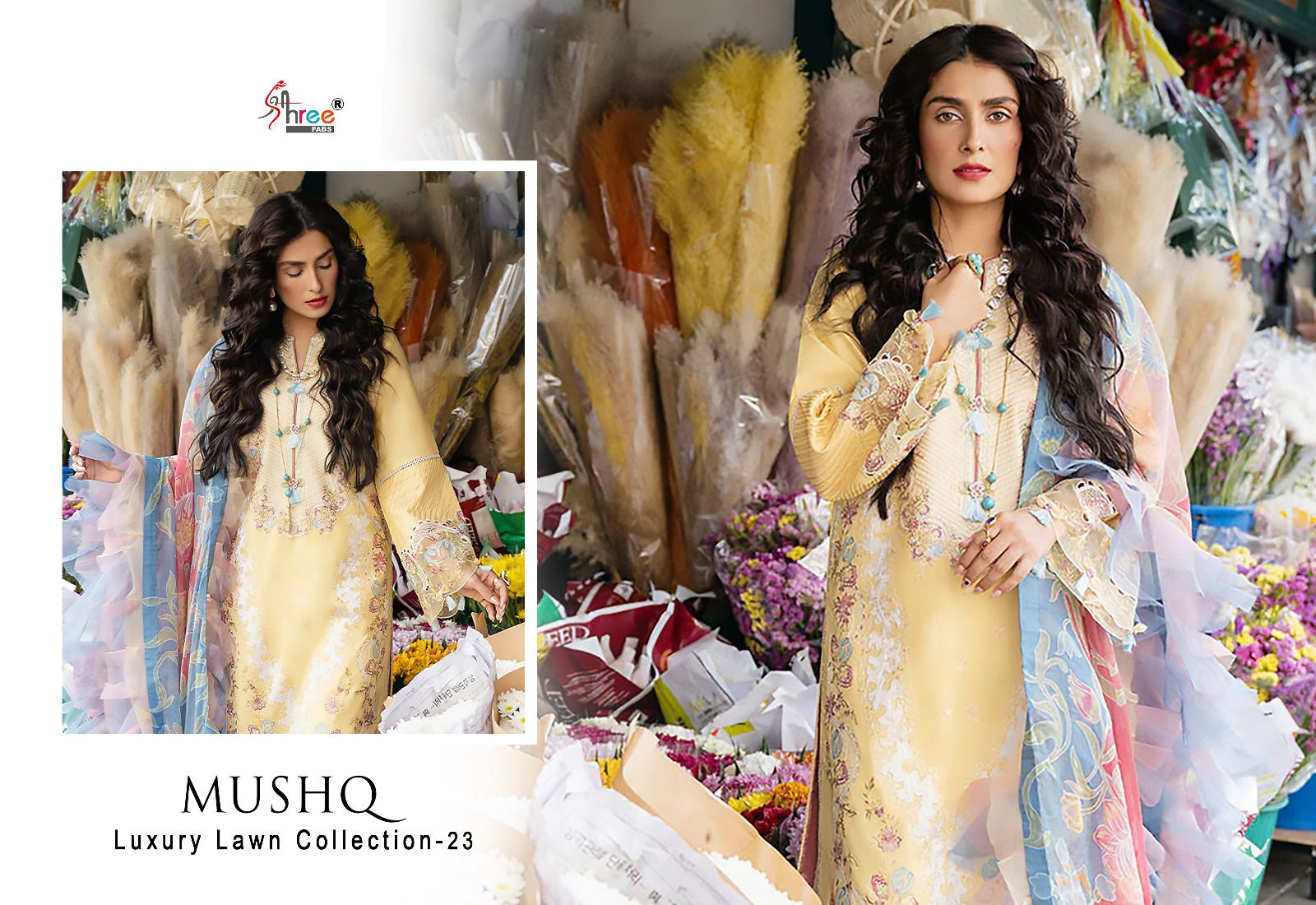 shree fabs mushq luxury lawn collection 2023 cotton decent look salwar suit with chiffon dupatta catalog