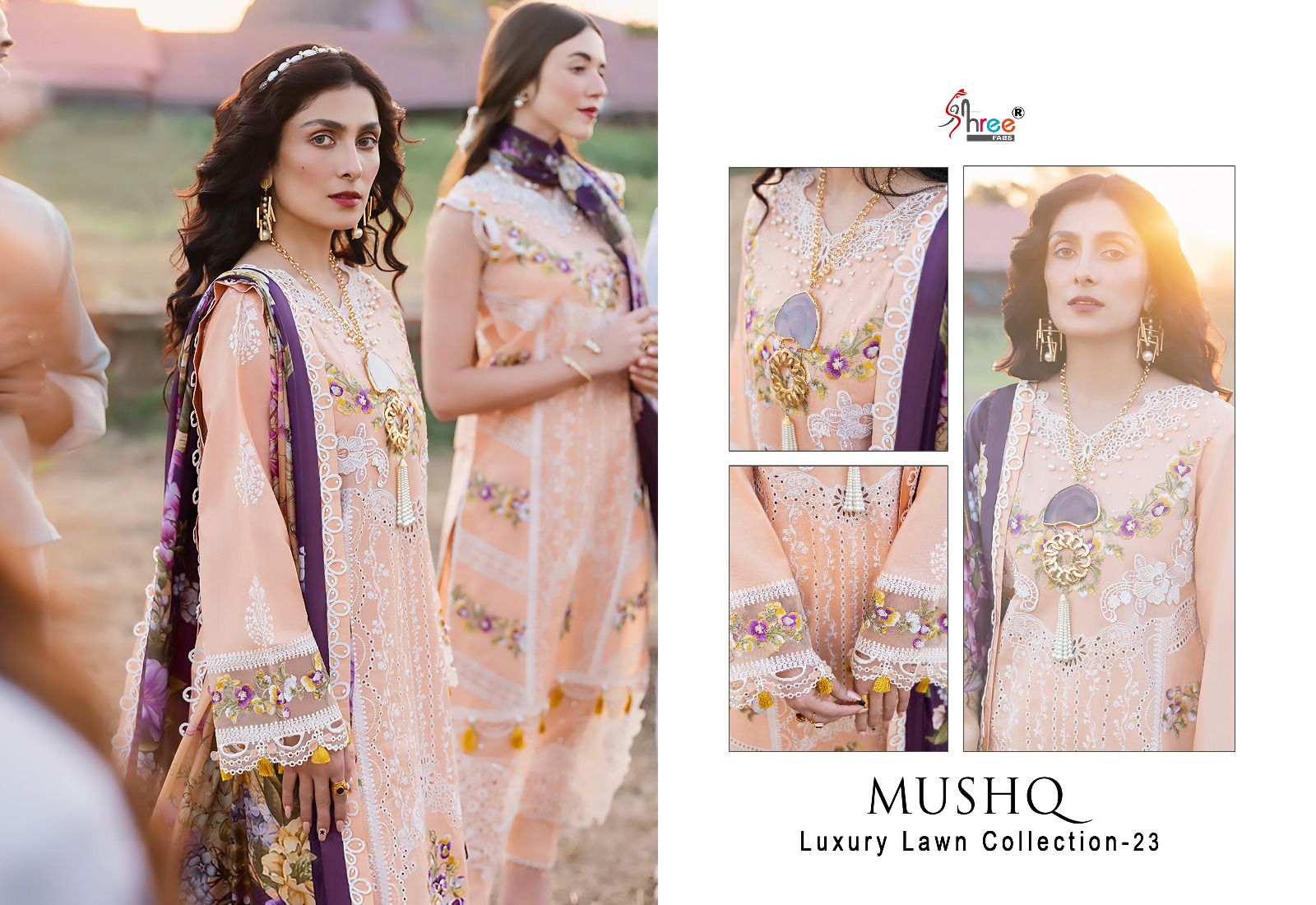 shree fabs mushq luxury lawn collection 2023 cotton decent look salwar suit with chiffon dupatta catalog