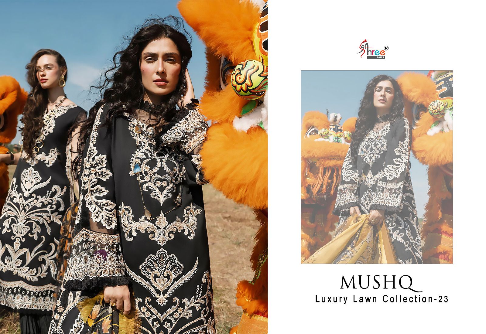 shree fabs mushq luxury lawn collection 2023 cotton decent look salwar suit with chiffon dupatta catalog