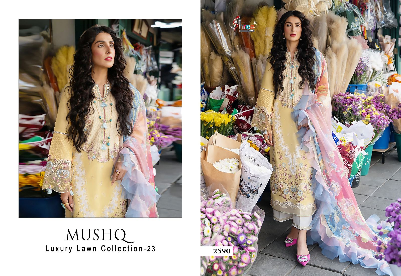 shree fabs mushq luxury lawn collection 2023 cotton decent look salwar suit with chiffon dupatta catalog