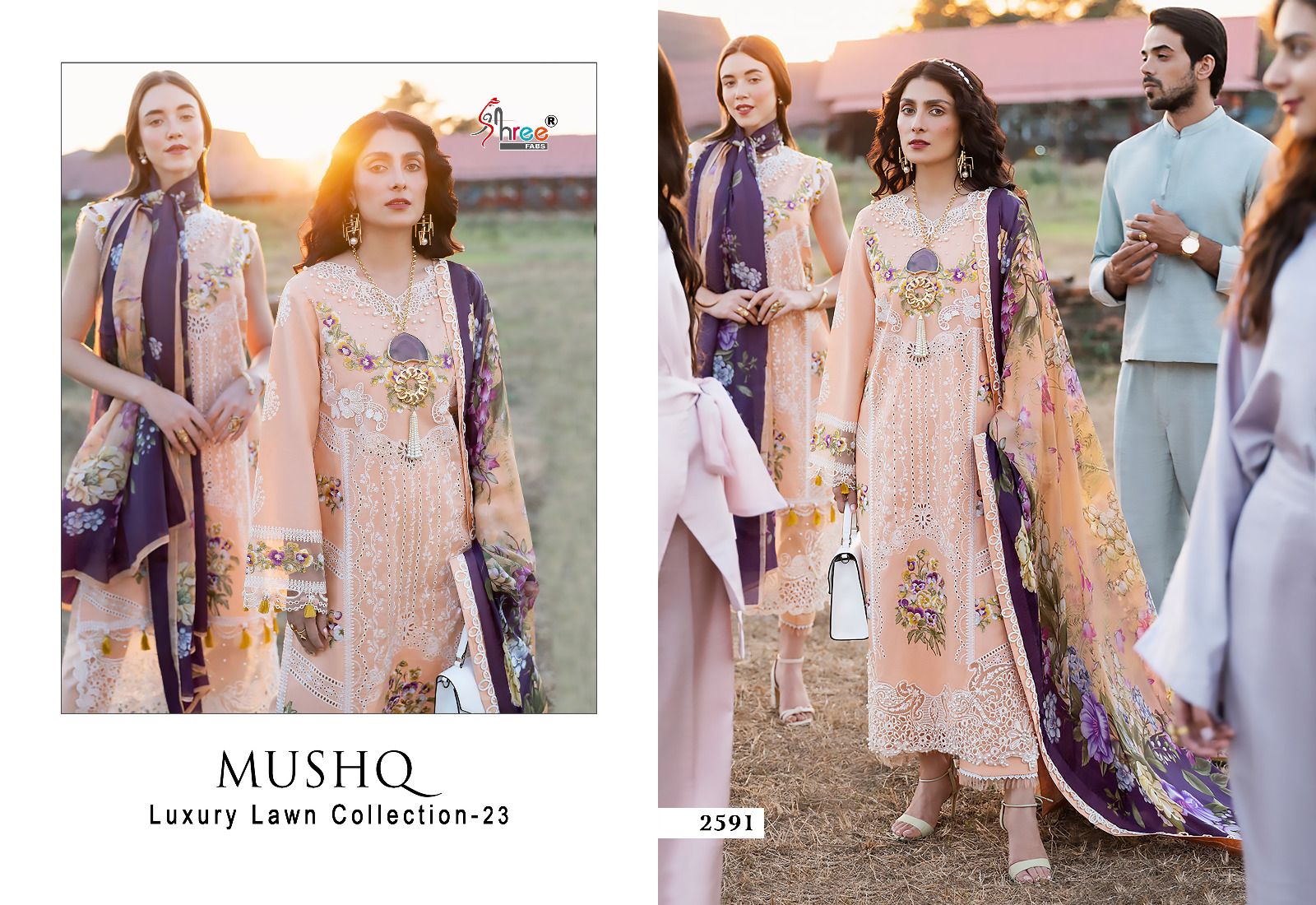 shree fabs mushq luxury lawn collection 2023 cotton decent look salwar suit with chiffon dupatta catalog