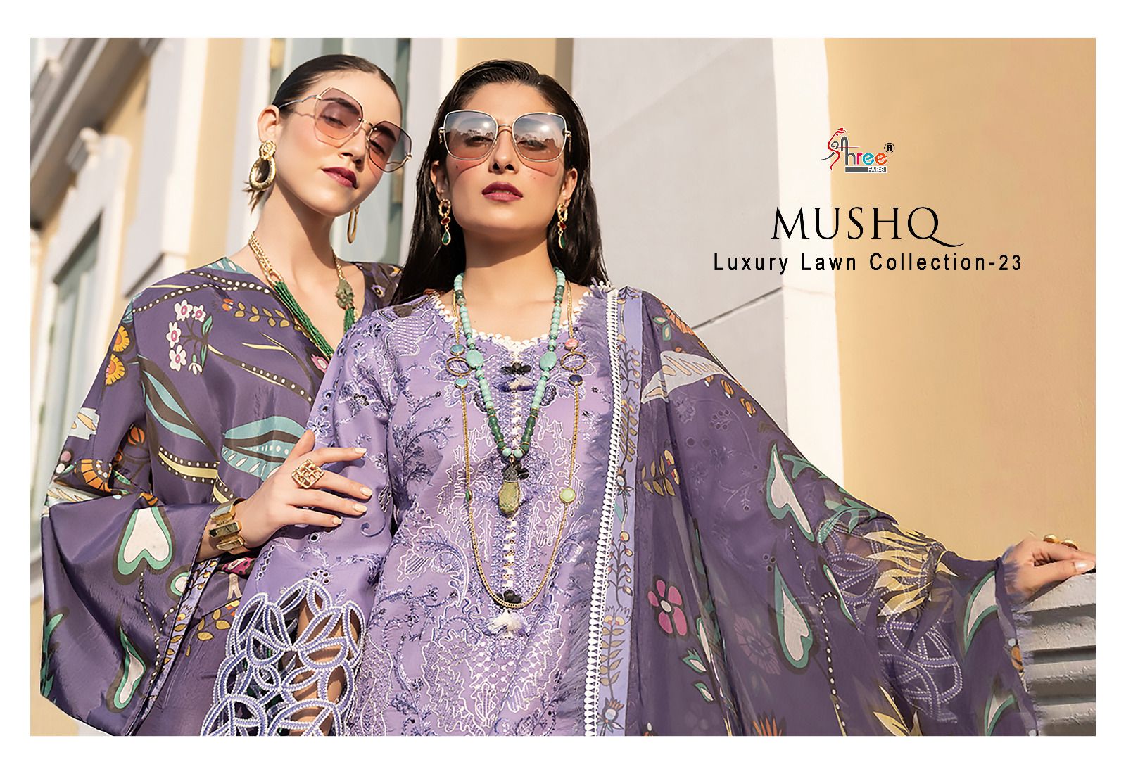 shree fabs mushq luxury lawn collection 2023 cotton decent look salwar suit with chiffon dupatta catalog