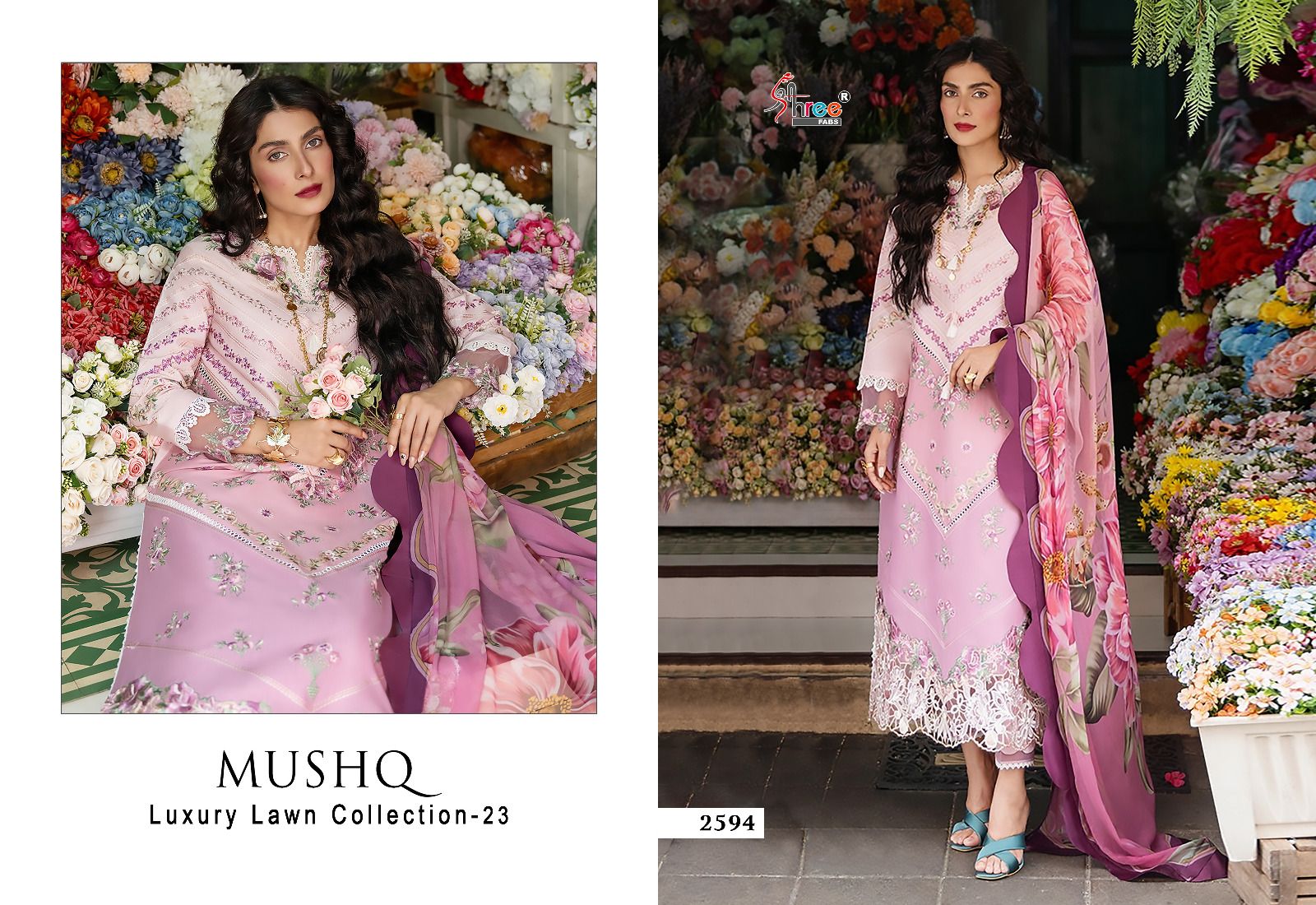 shree fabs mushq luxury lawn collection 2023 cotton decent look salwar suit with chiffon dupatta catalog