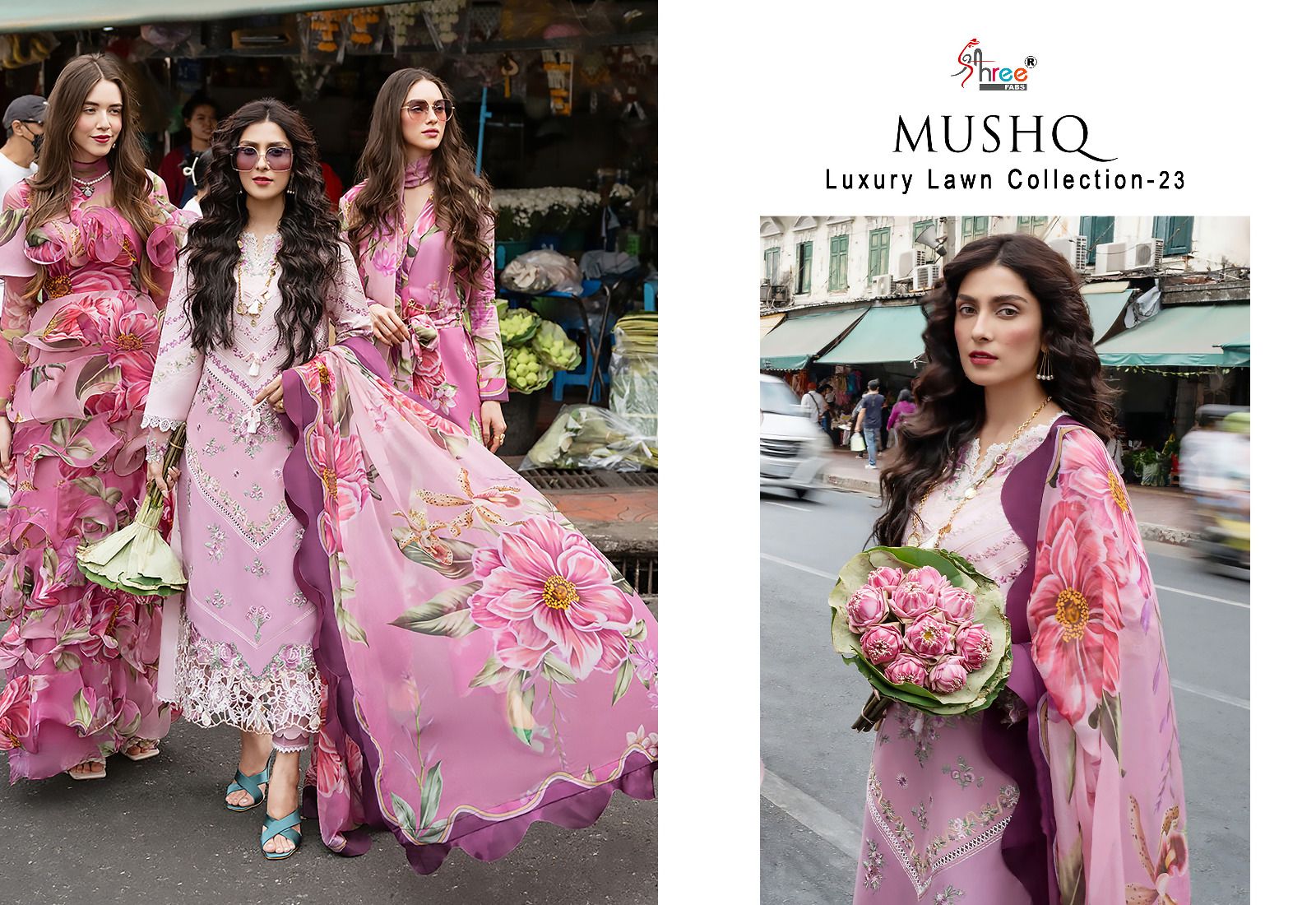 shree fabs mushq luxury lawn collection 2023 cotton decent look salwar suit with chiffon dupatta catalog