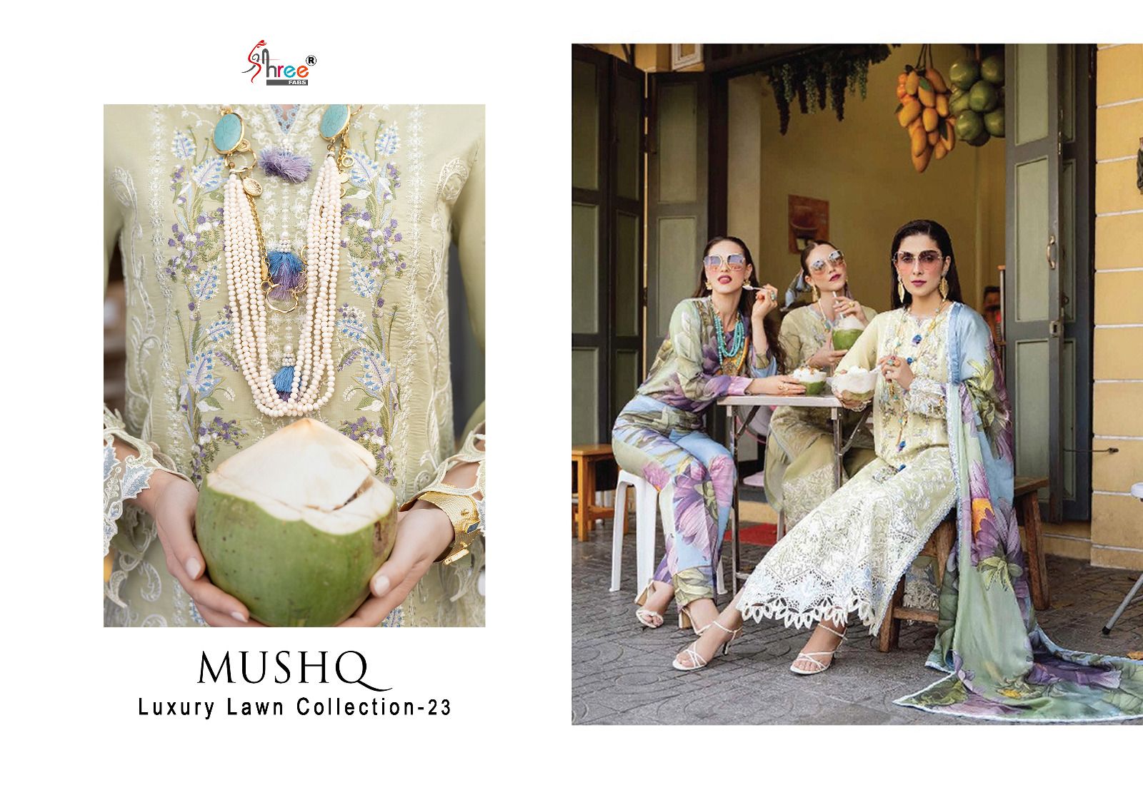 shree fabs mushq luxury lawn collection 2023 cotton decent look salwar suit with chiffon dupatta catalog