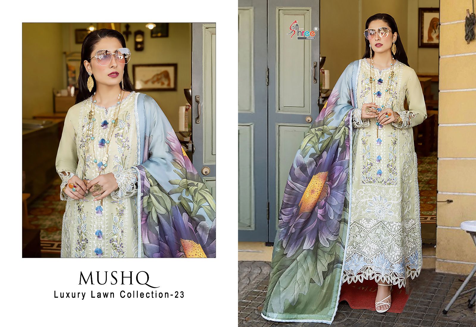 shree fabs mushq luxury lawn collection 2023 cotton decent look salwar suit with chiffon dupatta catalog