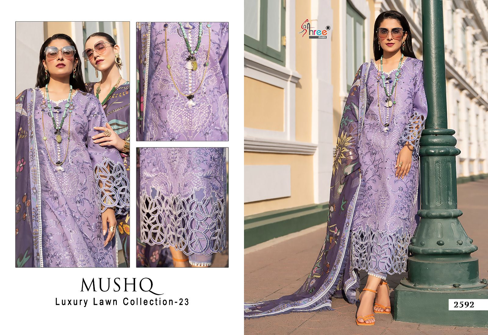 shree fabs mushq luxury lawn collection 2023 cotton decent look salwar suit with chiffon dupatta catalog