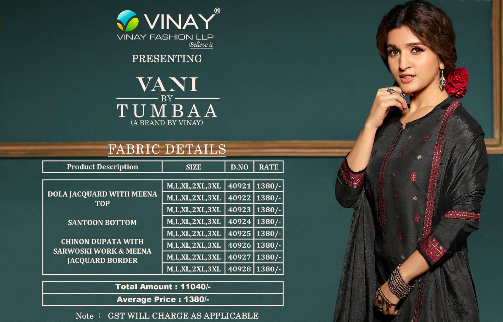 vinay fashion tumbaa vani dola gorgeous look top bottom with dupatta catalog