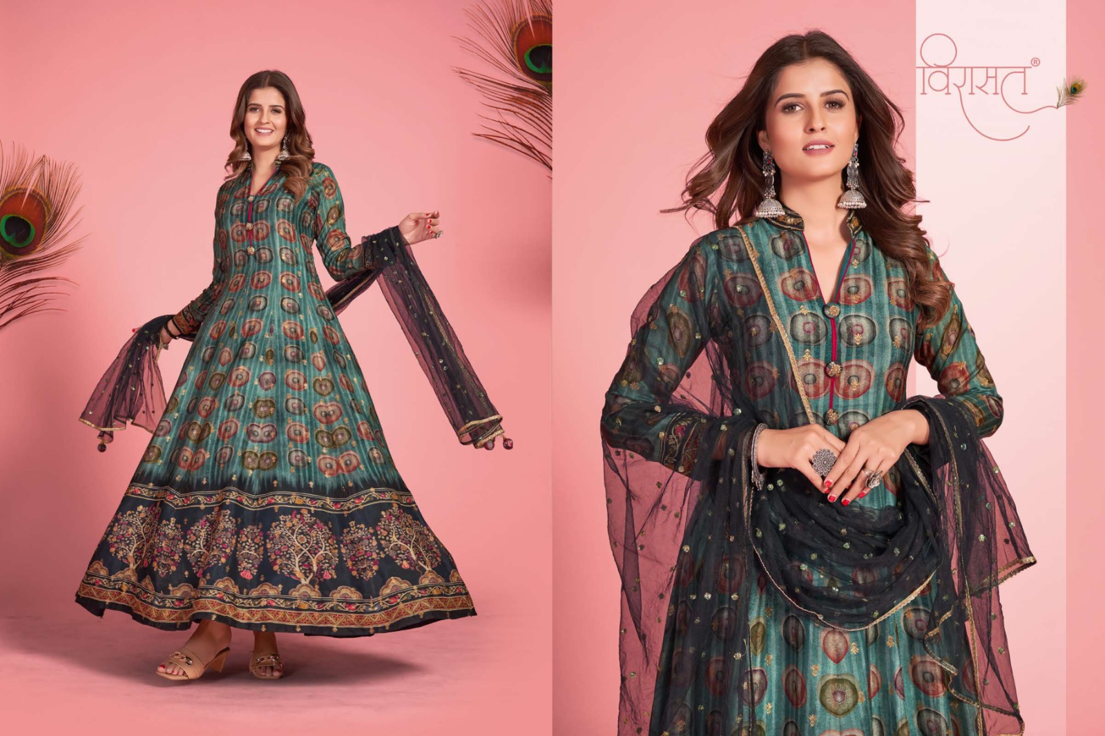 virast kalamkari dola silk festive look gown with dupatta catalog