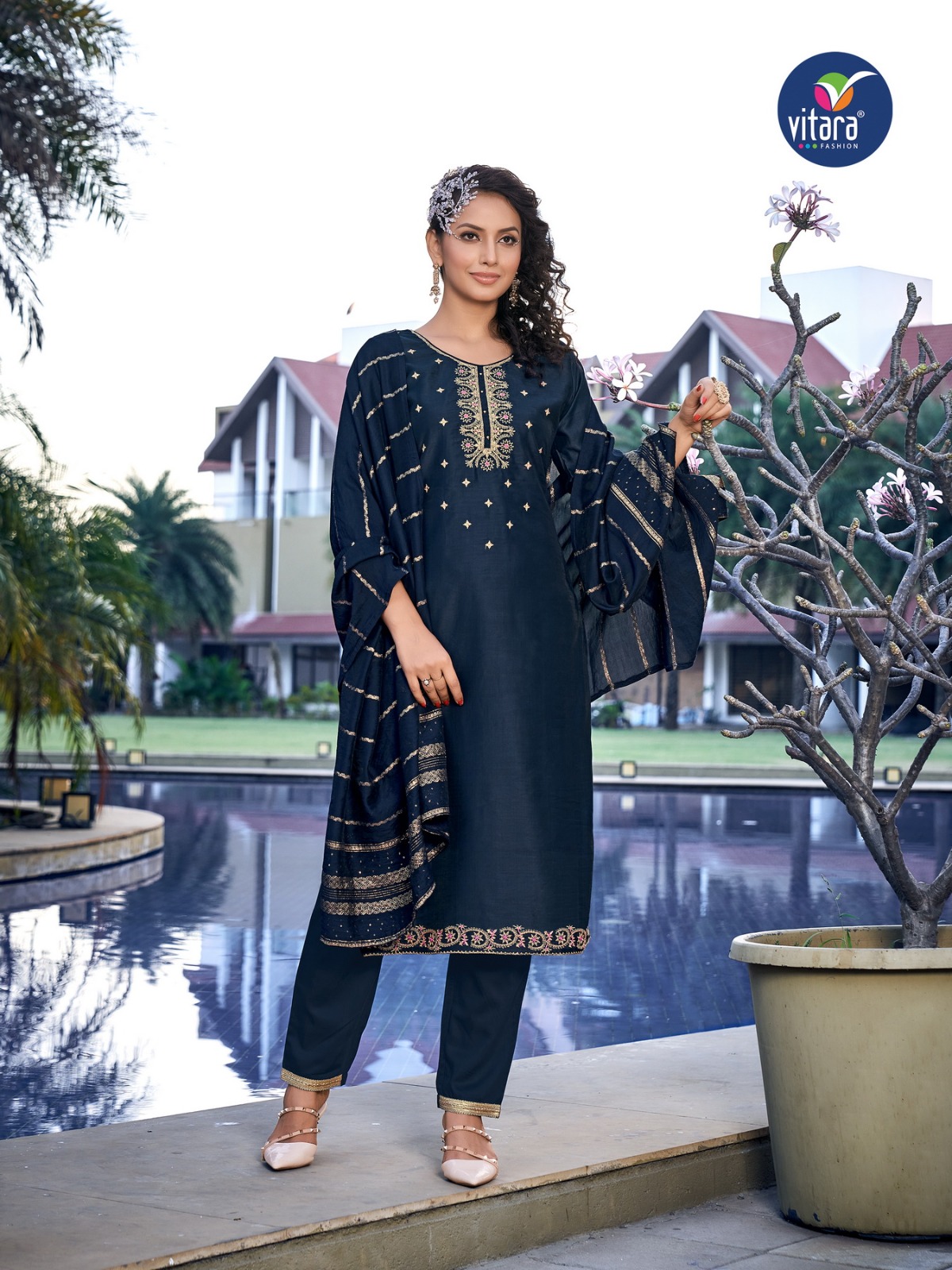 vitara fashion kiara silk gorgeous look top pent with dupatta catalog