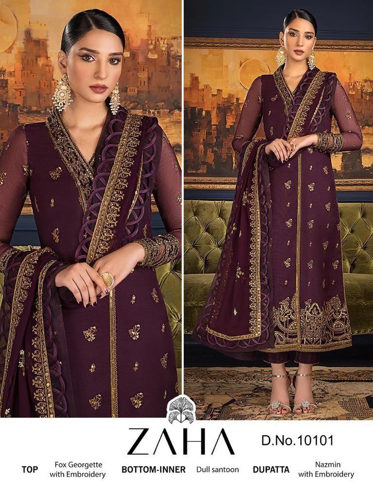 zaha khushboo vol 3 d no 10100 10101 10102 georgette regal look salwar suit catalog