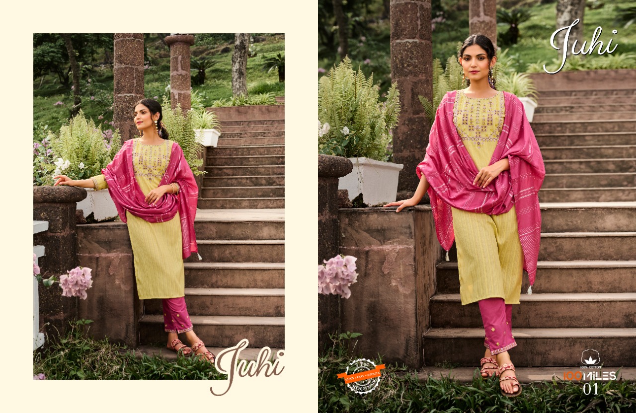 100 miles juhi cotton authentic fabric top bottom with dupatta catalog