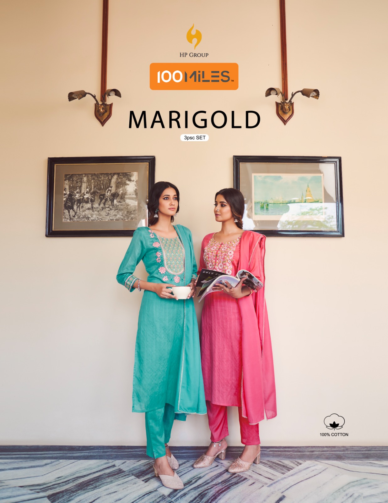 100 miles marigold cotton decent look top pant with dupatta catalog