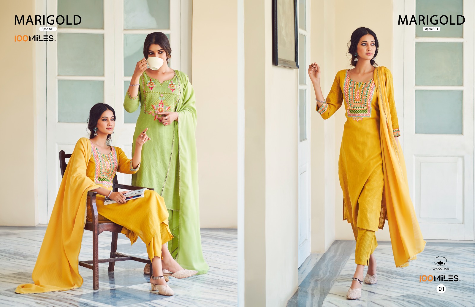 100 miles marigold cotton decent look top pant with dupatta catalog