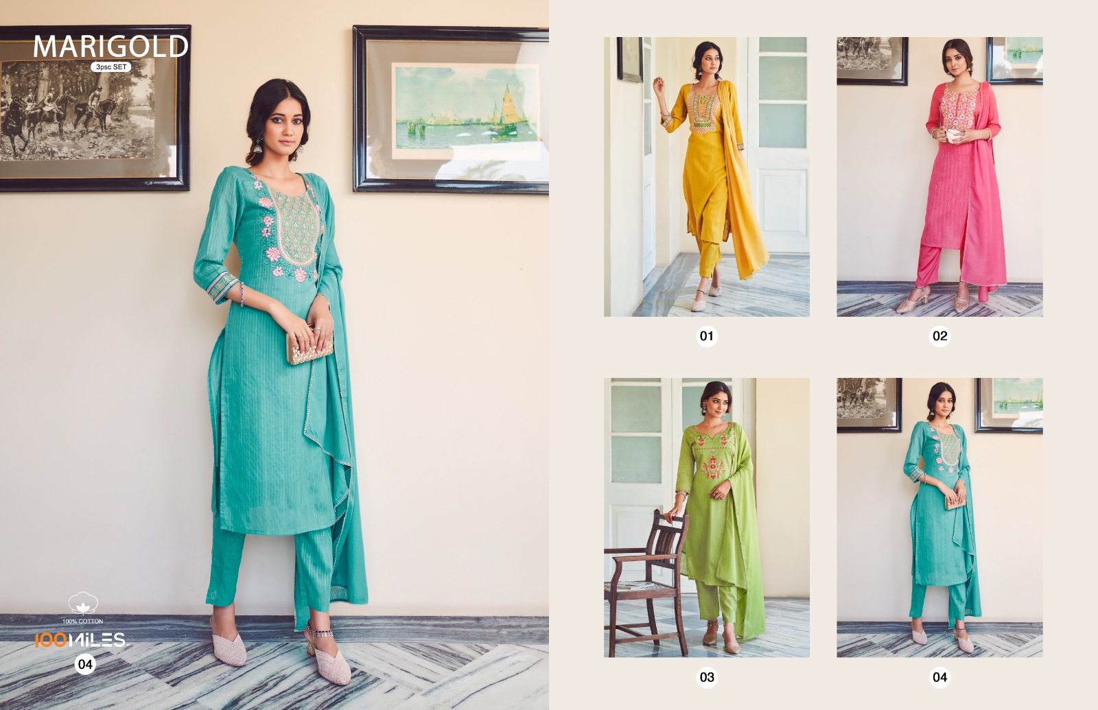 100 miles marigold cotton decent look top pant with dupatta catalog