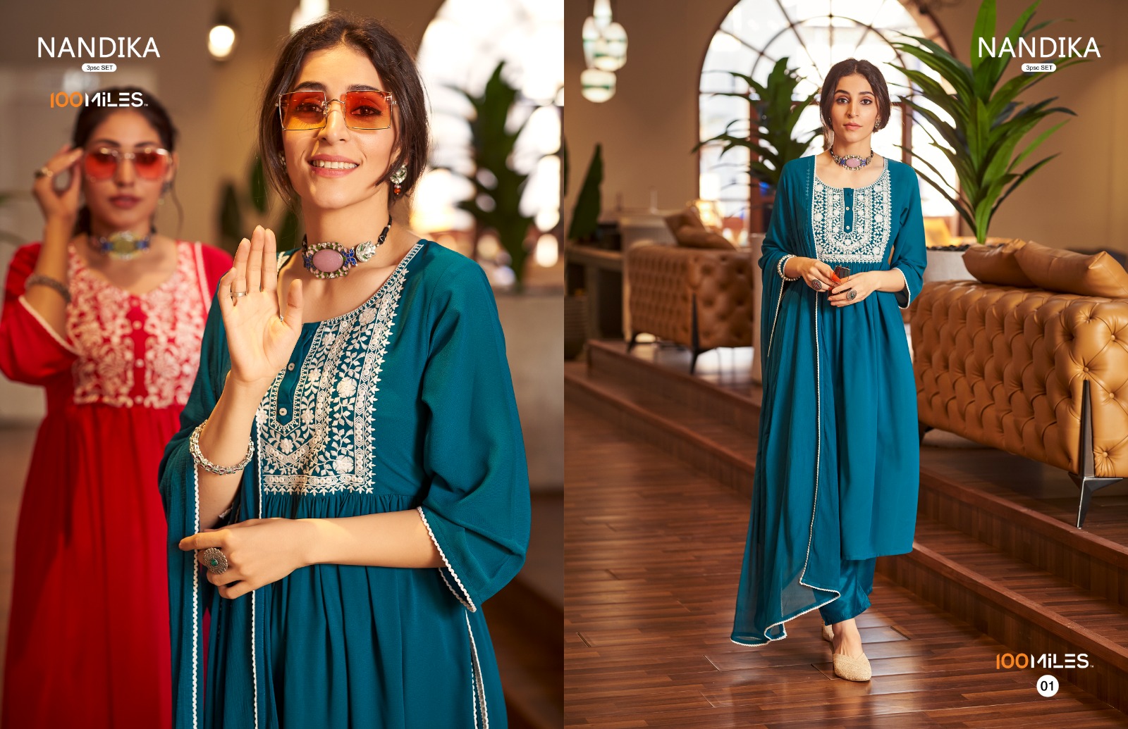 100 miles nandika  georgette elegant look top pant with dupatta catalog