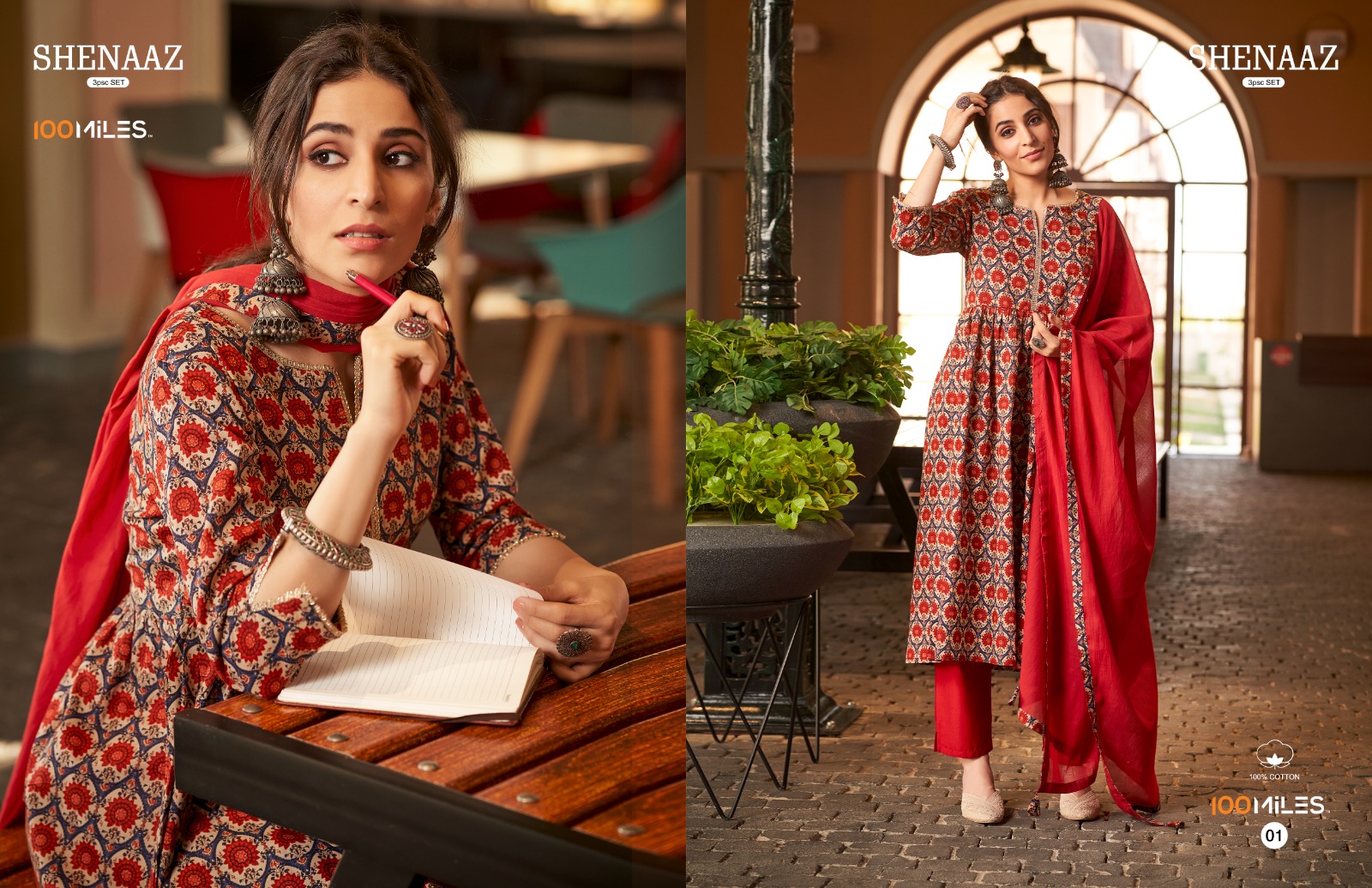 100 miles shenaaz cotton exclusive print top  pant with dupatta catalog