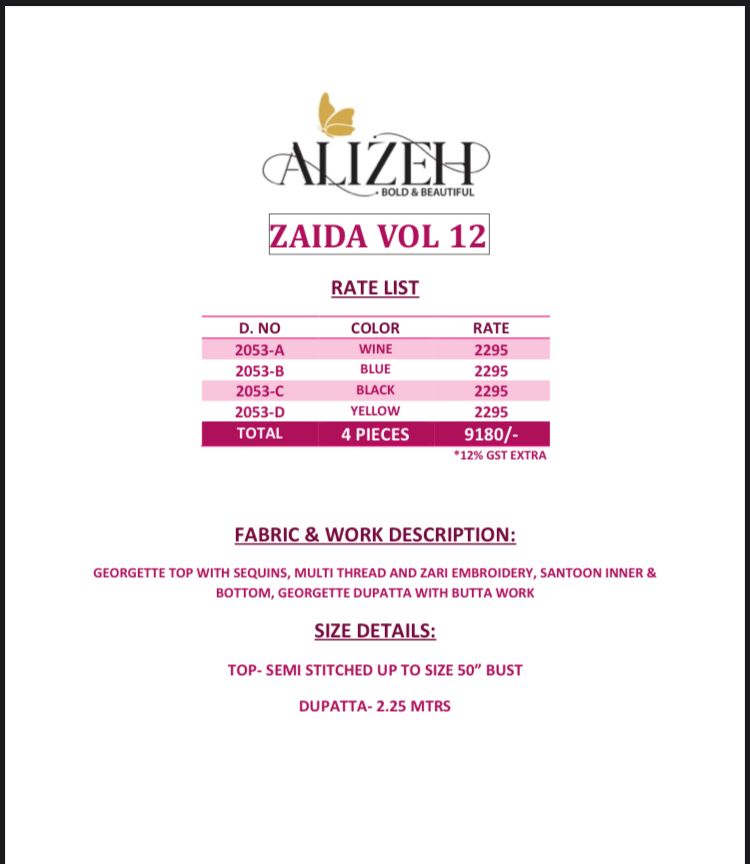 alizeh zaida vol 12 georgette regal look salwar suit catalog