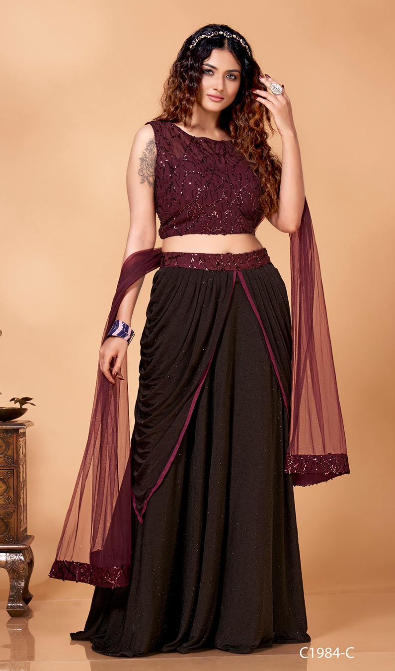 amoha trendz d no c 1984 imported decent look top lehenga with dupatta crop top catalog