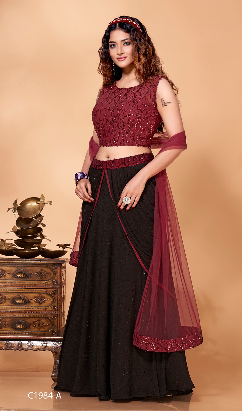 amoha trendz d no c 1984 imported decent look top lehenga with dupatta crop top catalog