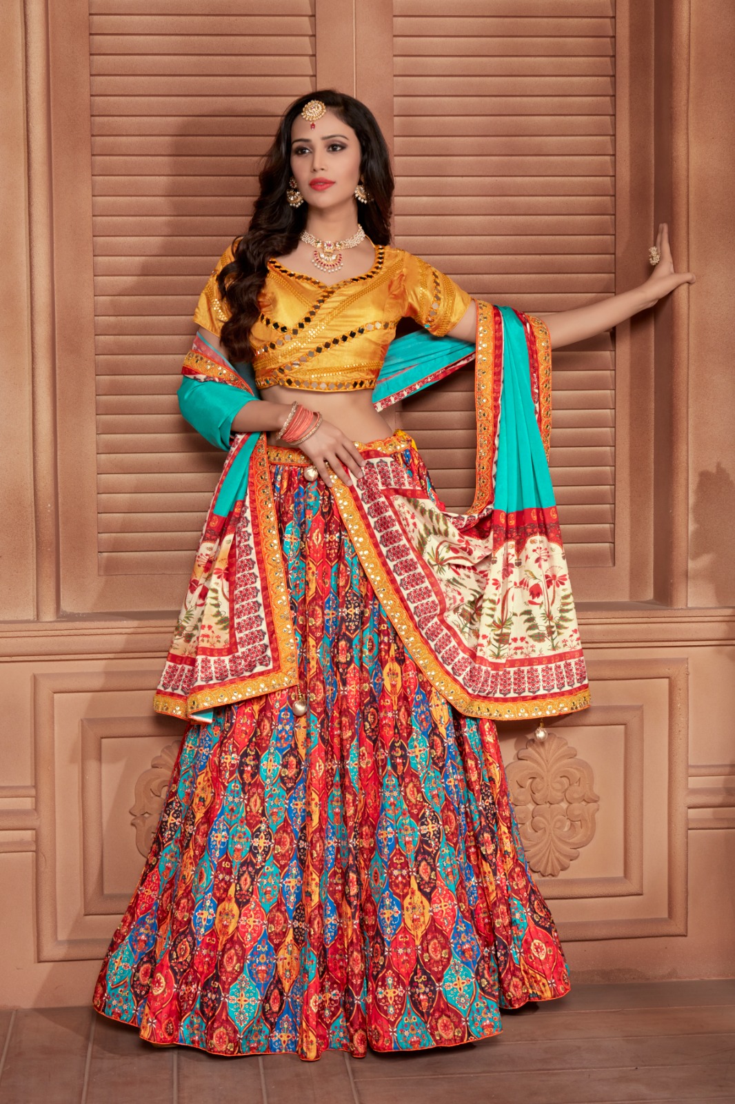 amoha trendz d no c 1985 chinno decent look top lehenga with dupatta crop top singal