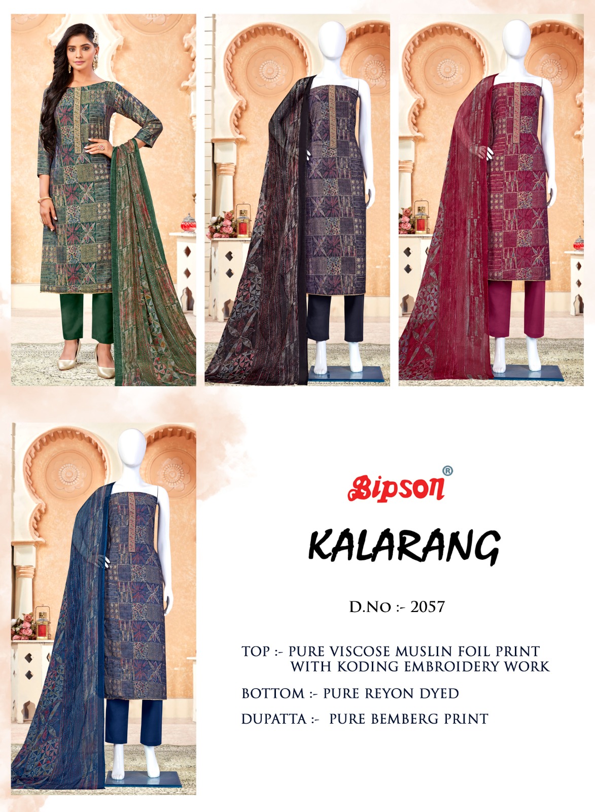 bipson kalrang 2057 visoce decent embroidery look salwar suit catalog