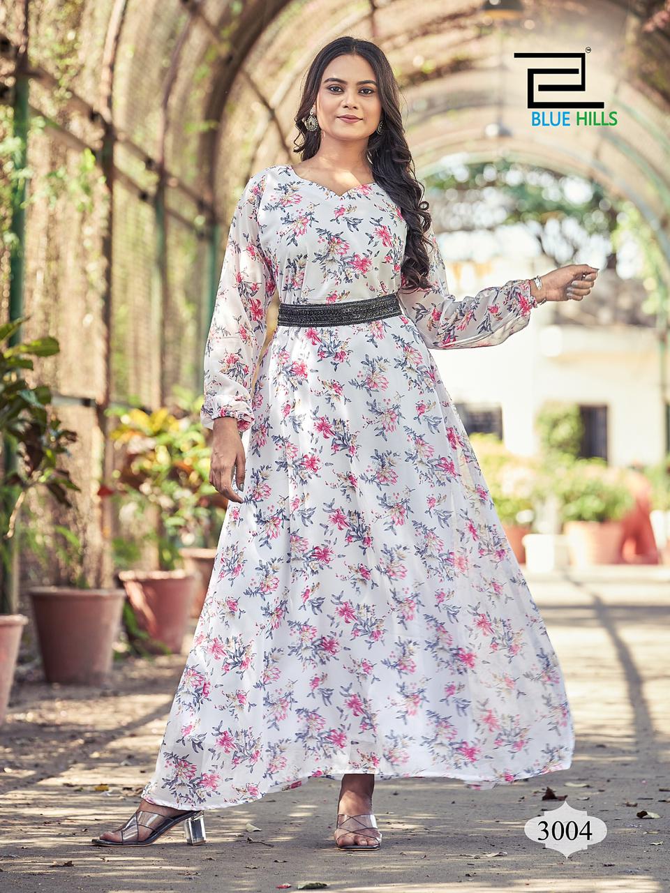 blue hills D NO 3001 TO 3004 georgette exclusive print kurti catalog