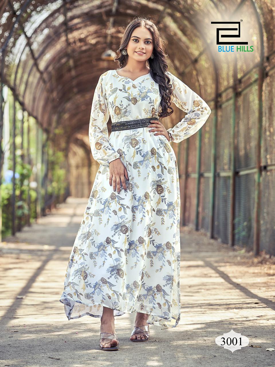 blue hills D NO 3001 TO 3004 georgette exclusive print kurti catalog